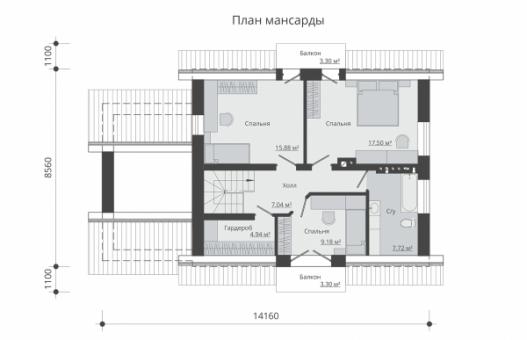 Одноэтажный дом с подвалом, мансардой, гаражом и балконами